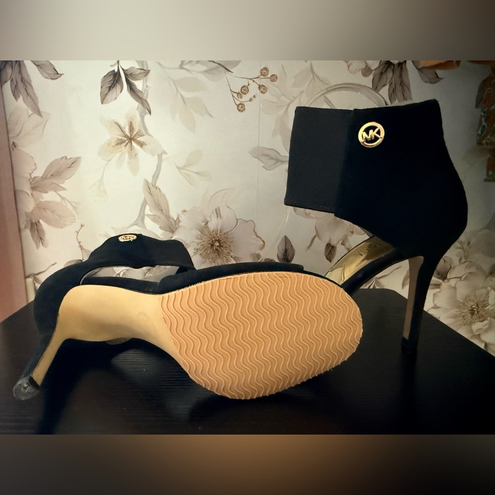 Michael Kors Black Suede Open-Toe Ankle-Cuff Heels with Gold MK Accent - Picture 2 of 4
